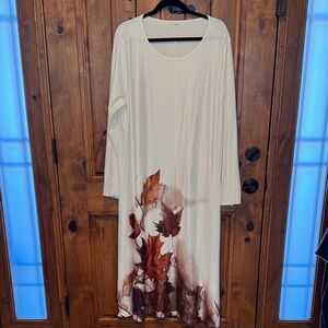 Elegant White and Brown Leaf Print Dress